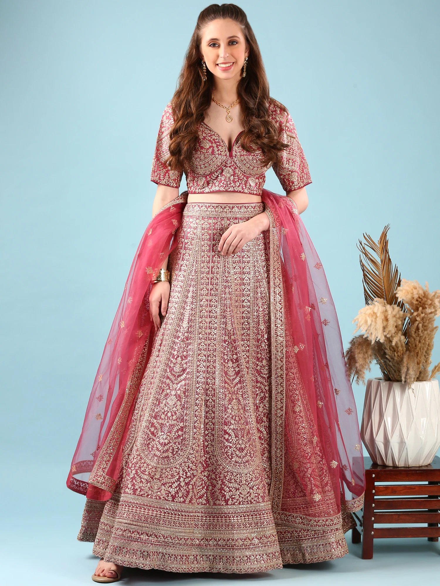 Onion Pink Net Hand Embroidery Ghagra Set - Image 5