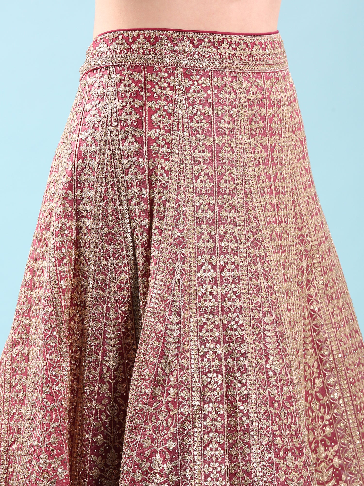 Onion Pink Net Hand Embroidery Ghagra Set - Image 6