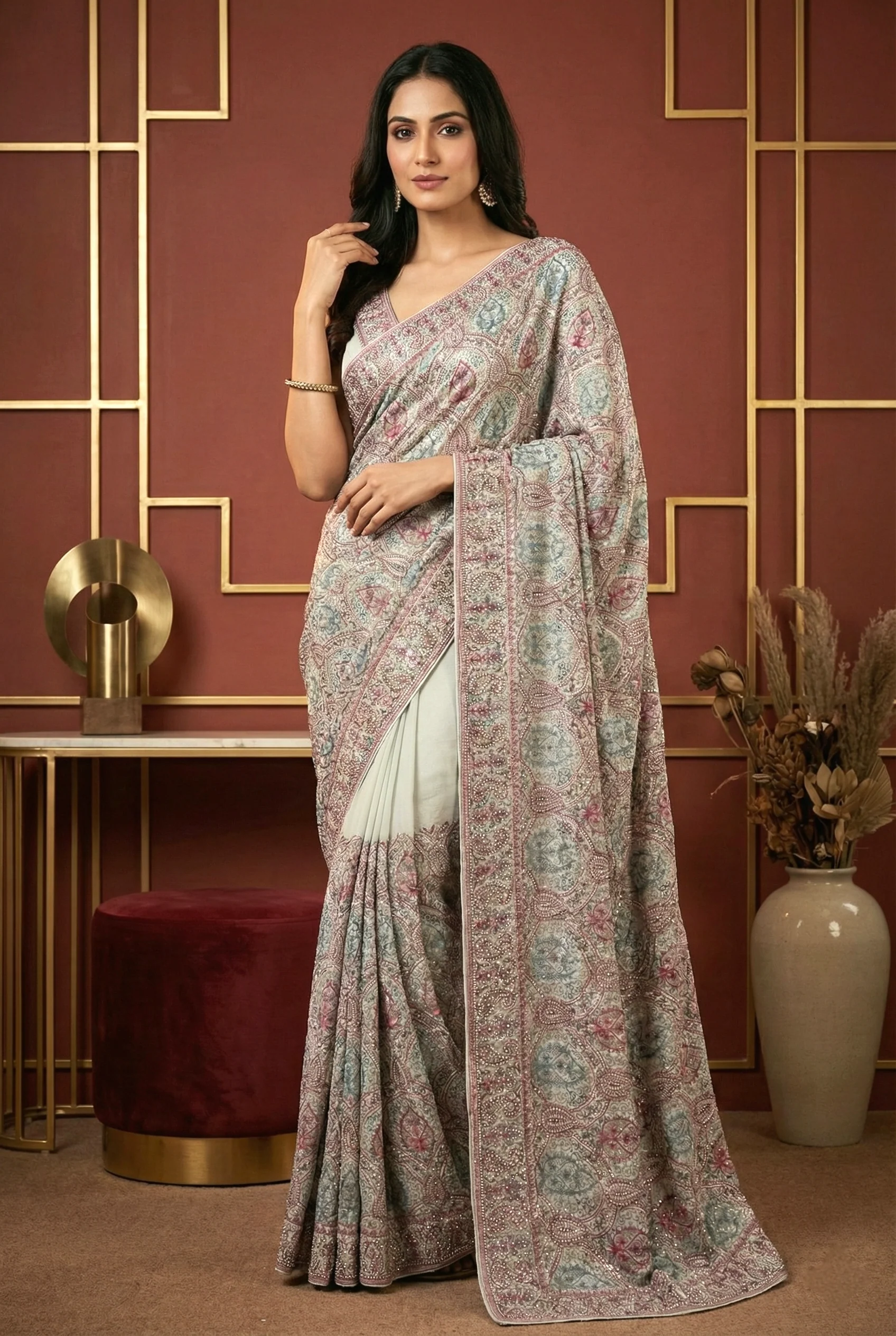 Onion Pink Organza Beads And Stone Embroidery Saree
