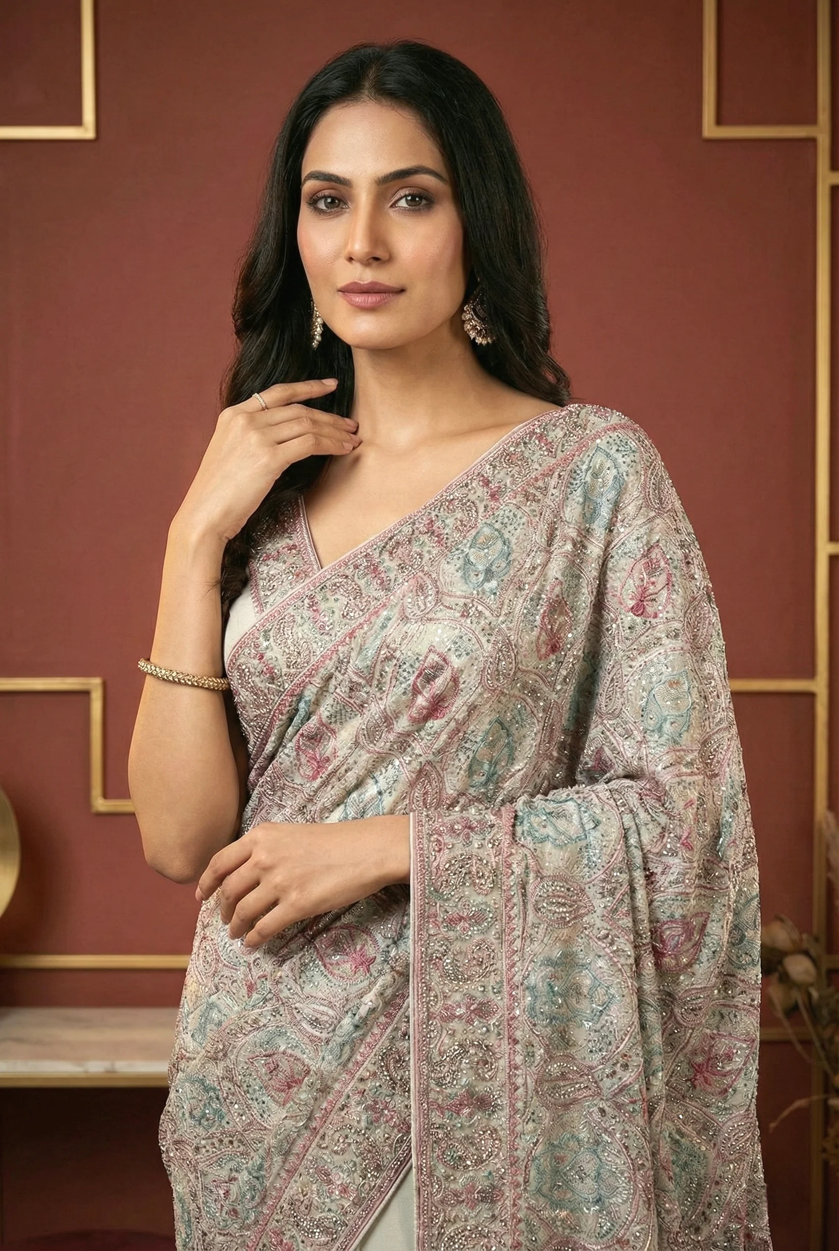 Onion Pink Organza Beads And Stone Embroidery Saree - Image 2