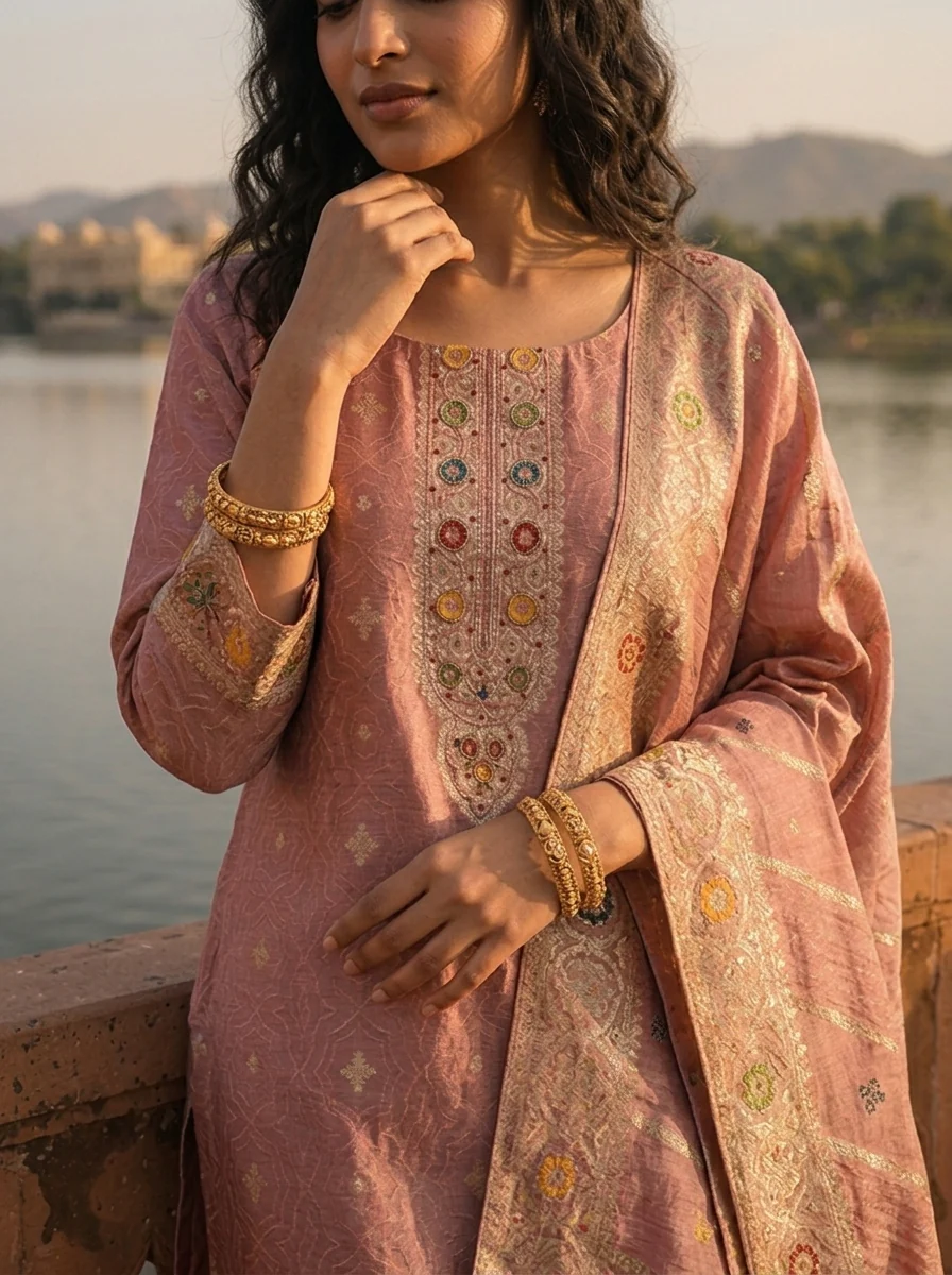 Onion Pink Silk Botanical Garden Motifs Weaved Three Piece Set - Image 4