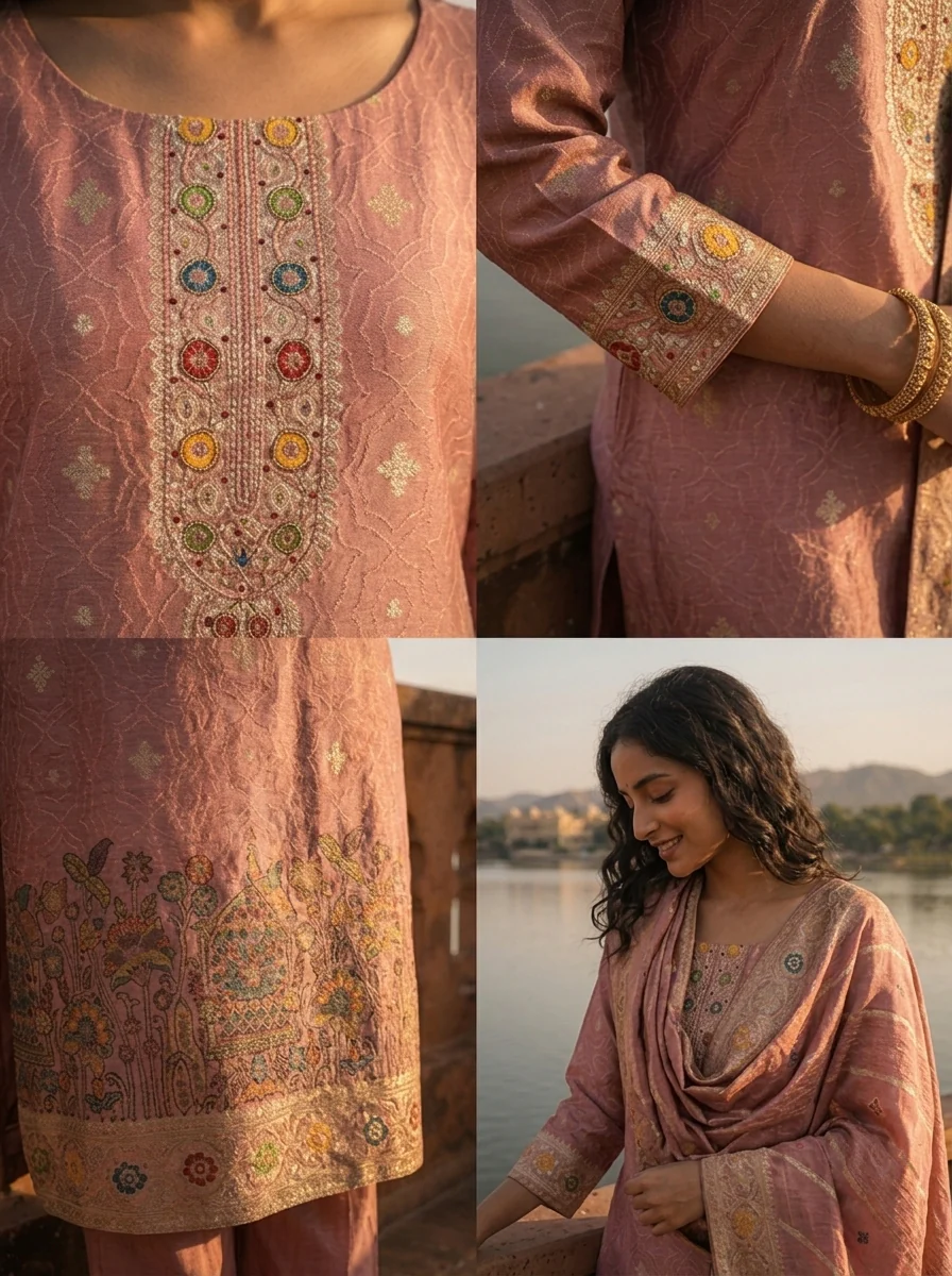 Onion Pink Silk Botanical Garden Motifs Weaved Three Piece Set - Image 5