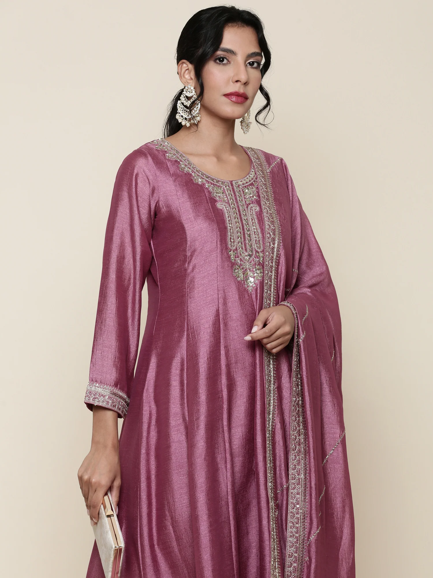 Onion pink silk embroidered three piece anarkali set - Image 3