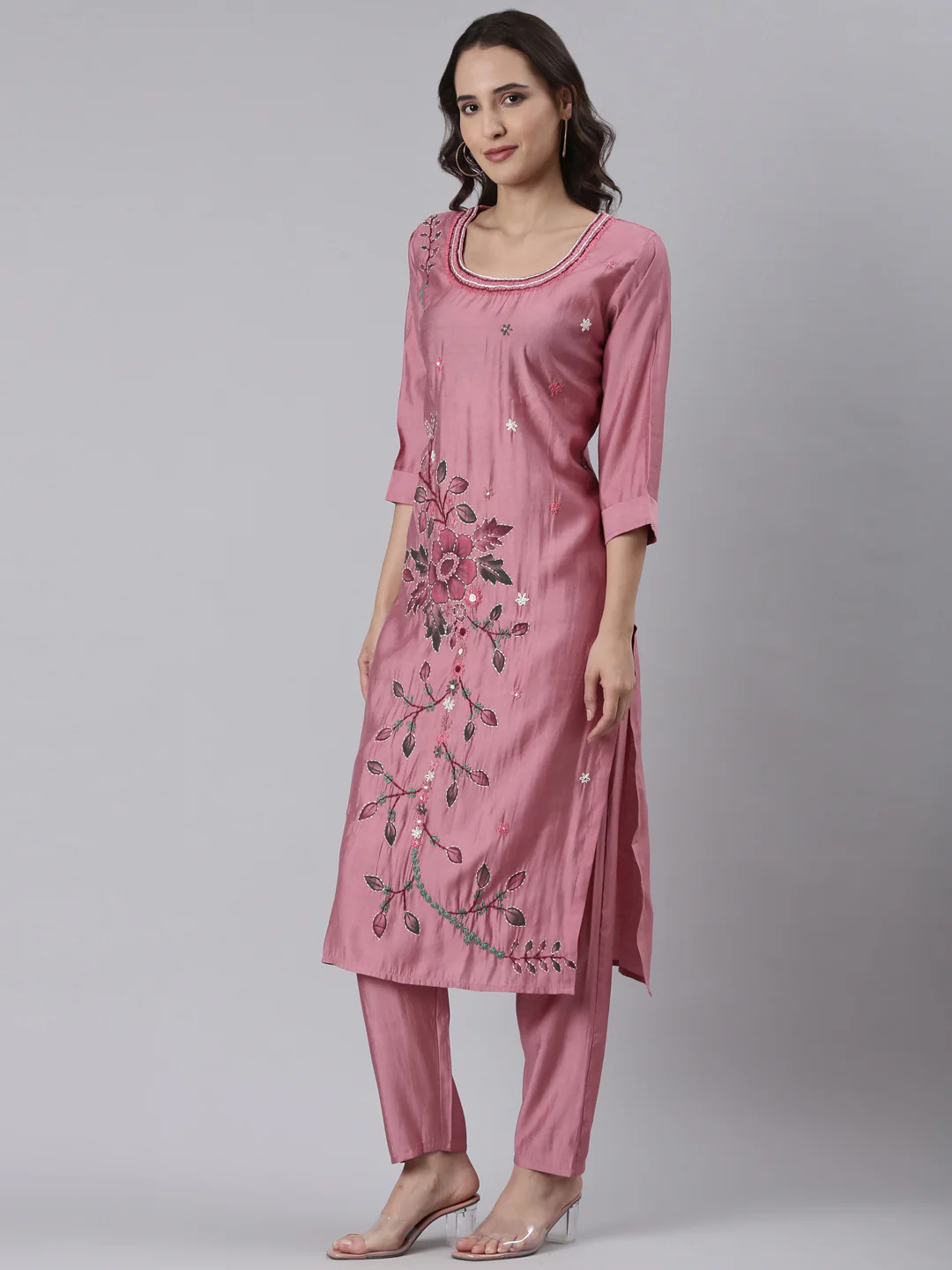 Onion Pink Silk Print With Embroidery Three Piece Set - Image 2