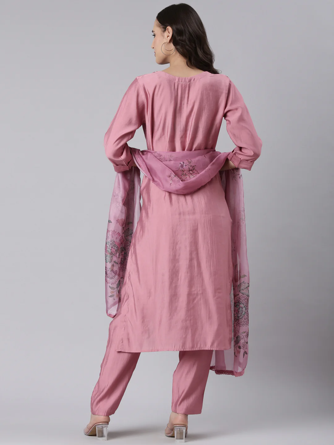 Onion Pink Silk Print With Embroidery Three Piece Set - Image 3