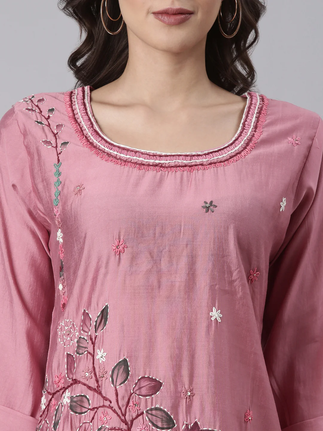 Onion Pink Silk Print With Embroidery Three Piece Set - Image 4