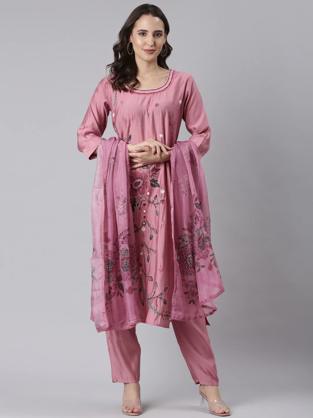 Onion Pink Silk Print With Embroidery Three Piece Set - Image 5