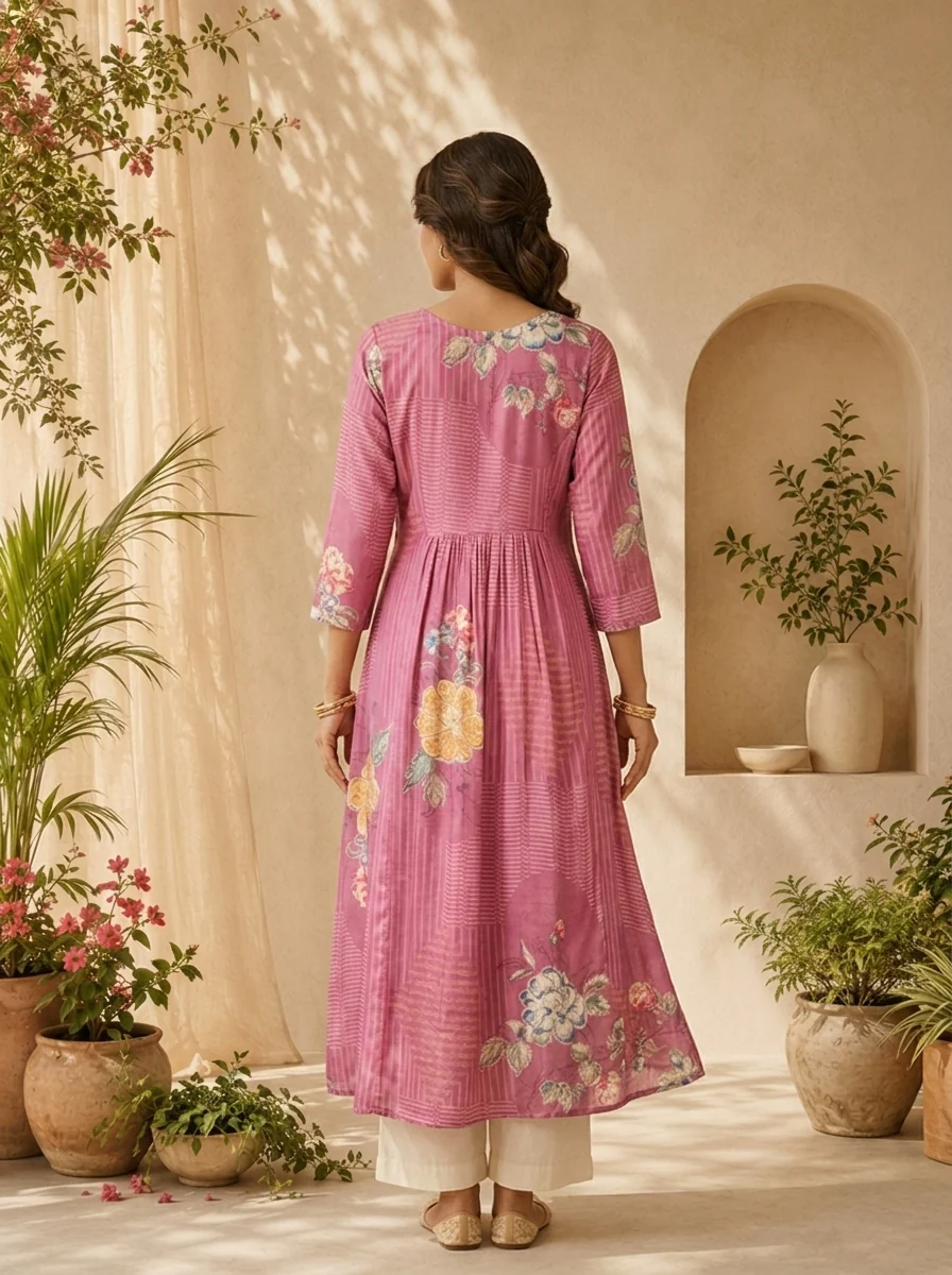 Onion Pink Striped Design And Floral Printed Long Dress - Image 2