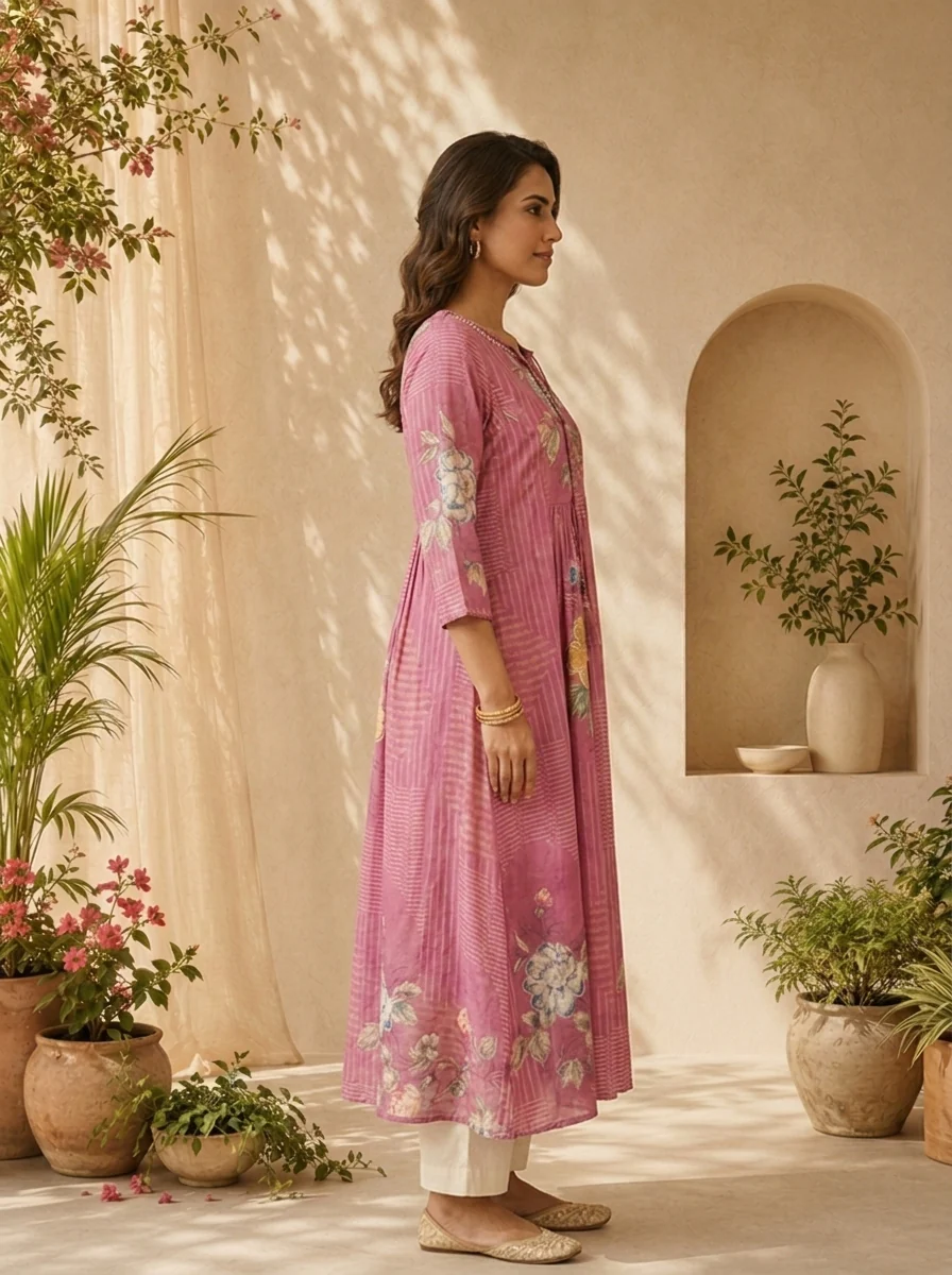Onion Pink Striped Design And Floral Printed Long Dress - Image 3