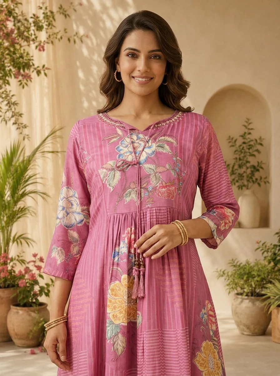 Onion Pink Striped Design And Floral Printed Long Dress - Image 4