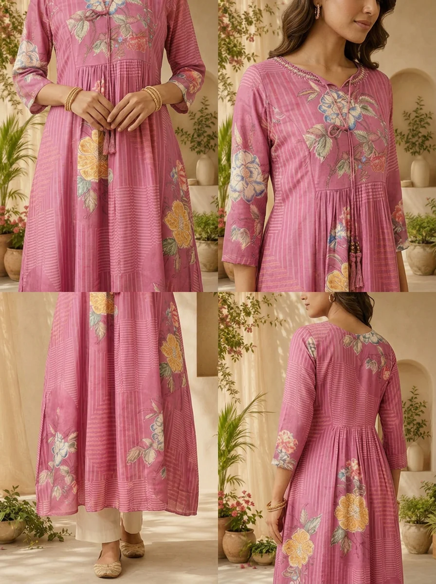 Onion Pink Striped Design And Floral Printed Long Dress - Image 5