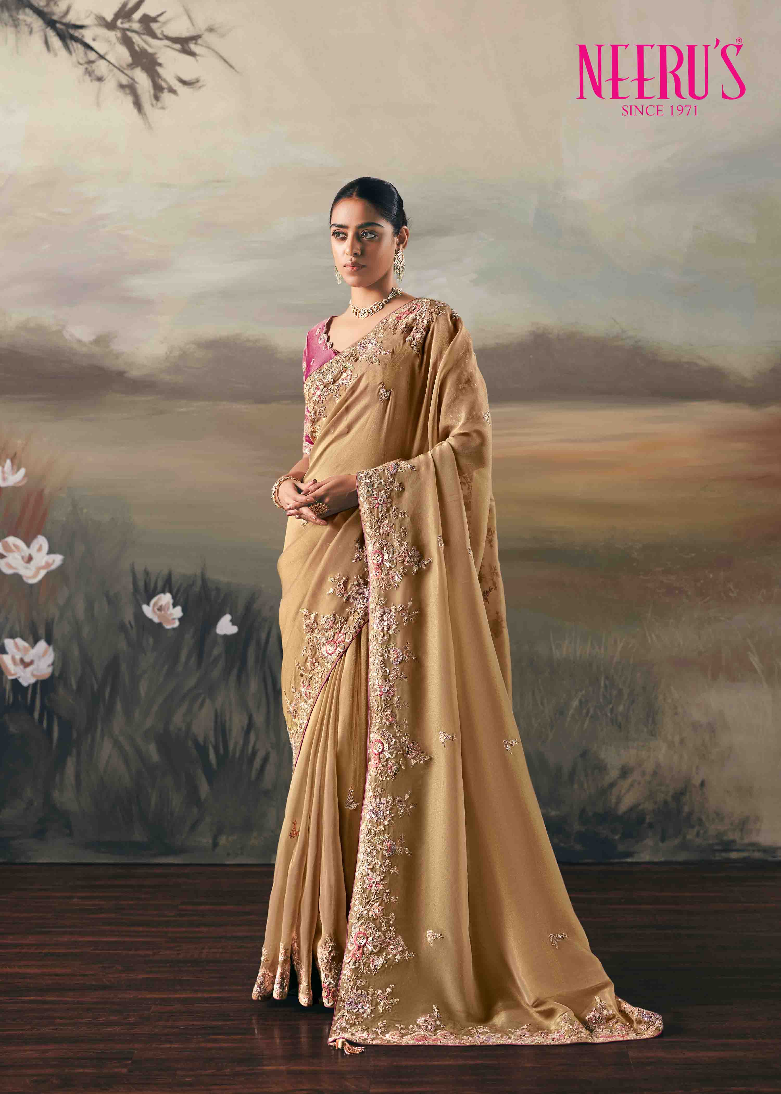 Onion Pink Tissue Fabric Heavy Hand Embroidery Saree