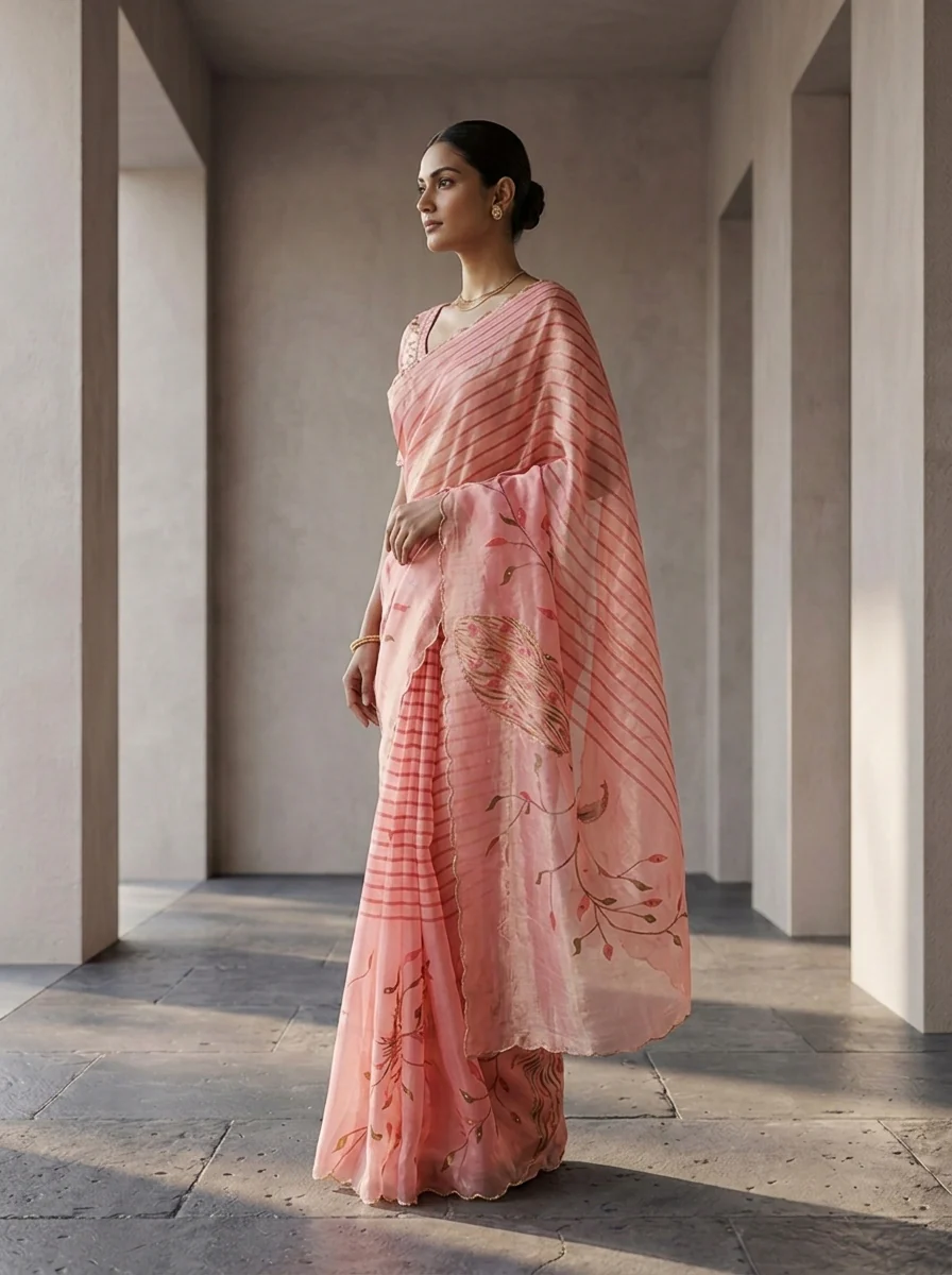 Onion Pink Tissue Floral Printed Saree - Image 2