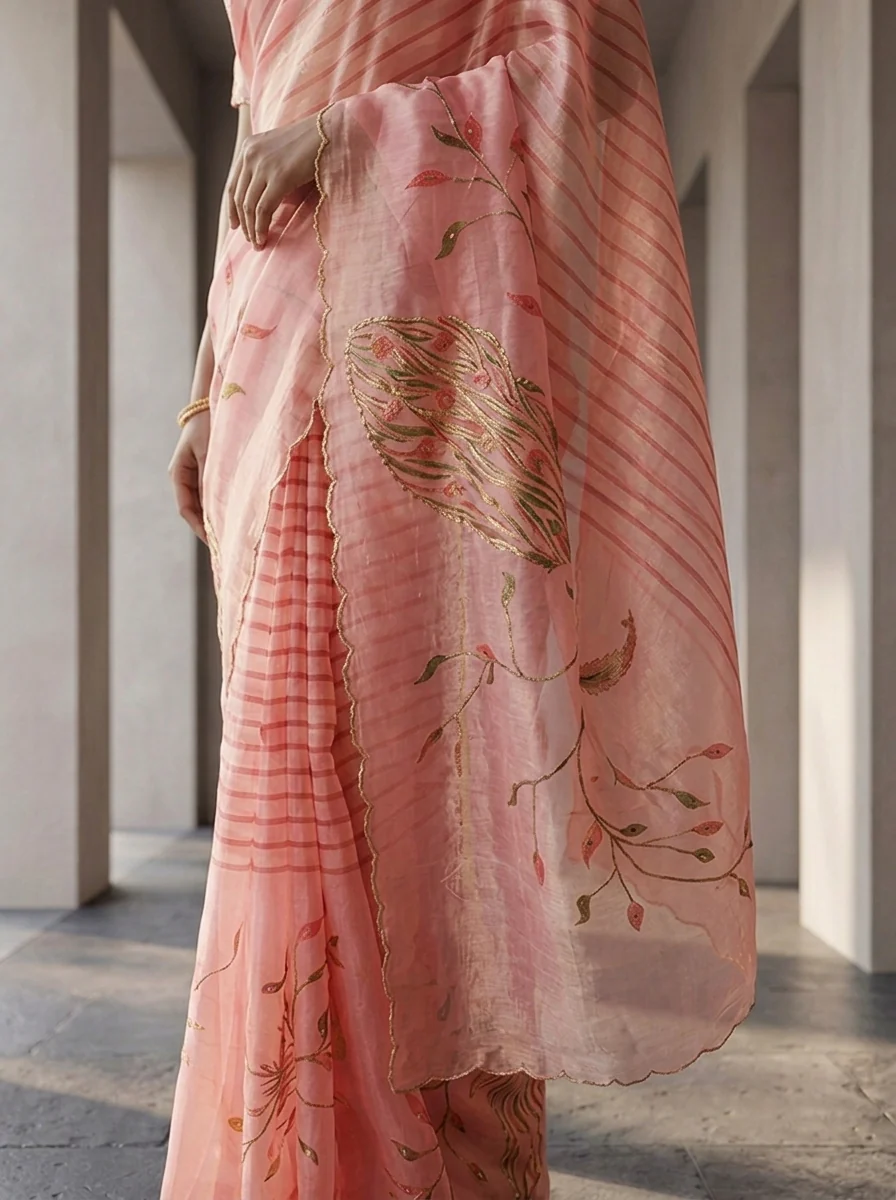 Onion Pink Tissue Floral Printed Saree - Image 4