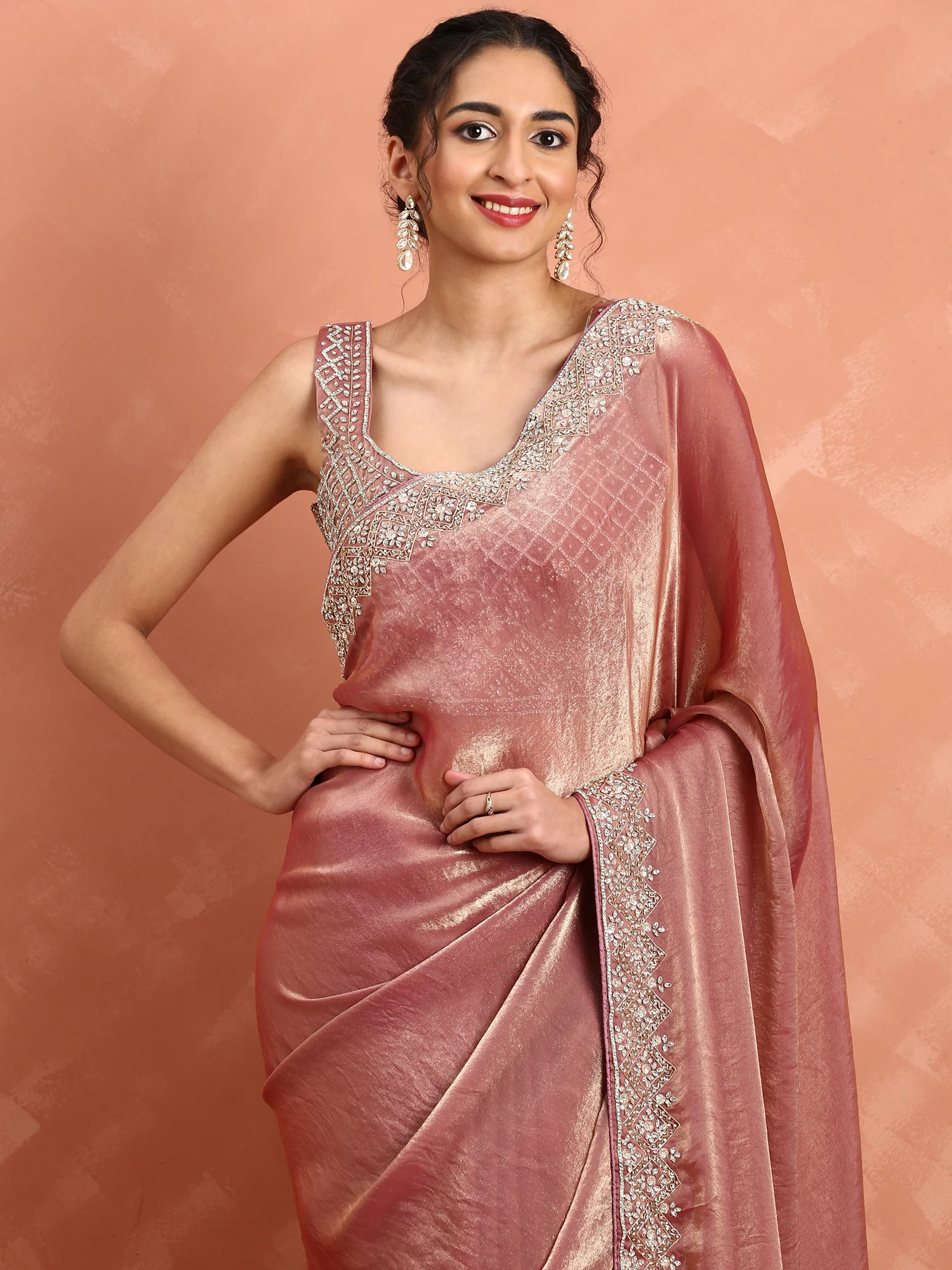 Onion pink tissue saree with Swarovski & cut Dana embroidery & ready made blouse - Image 3