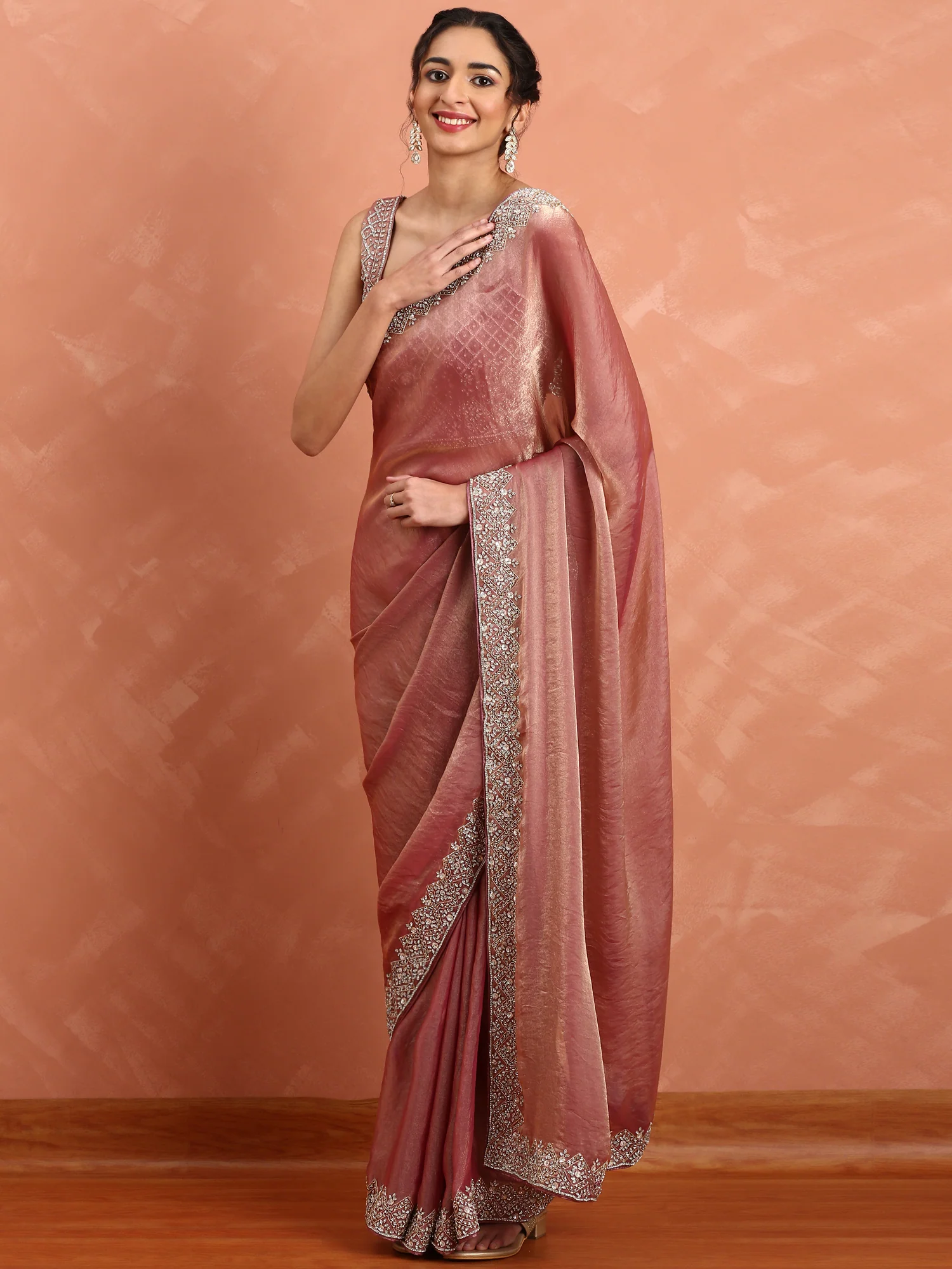 Onion pink tissue saree with Swarovski & cut Dana embroidery & ready made blouse - Image 4