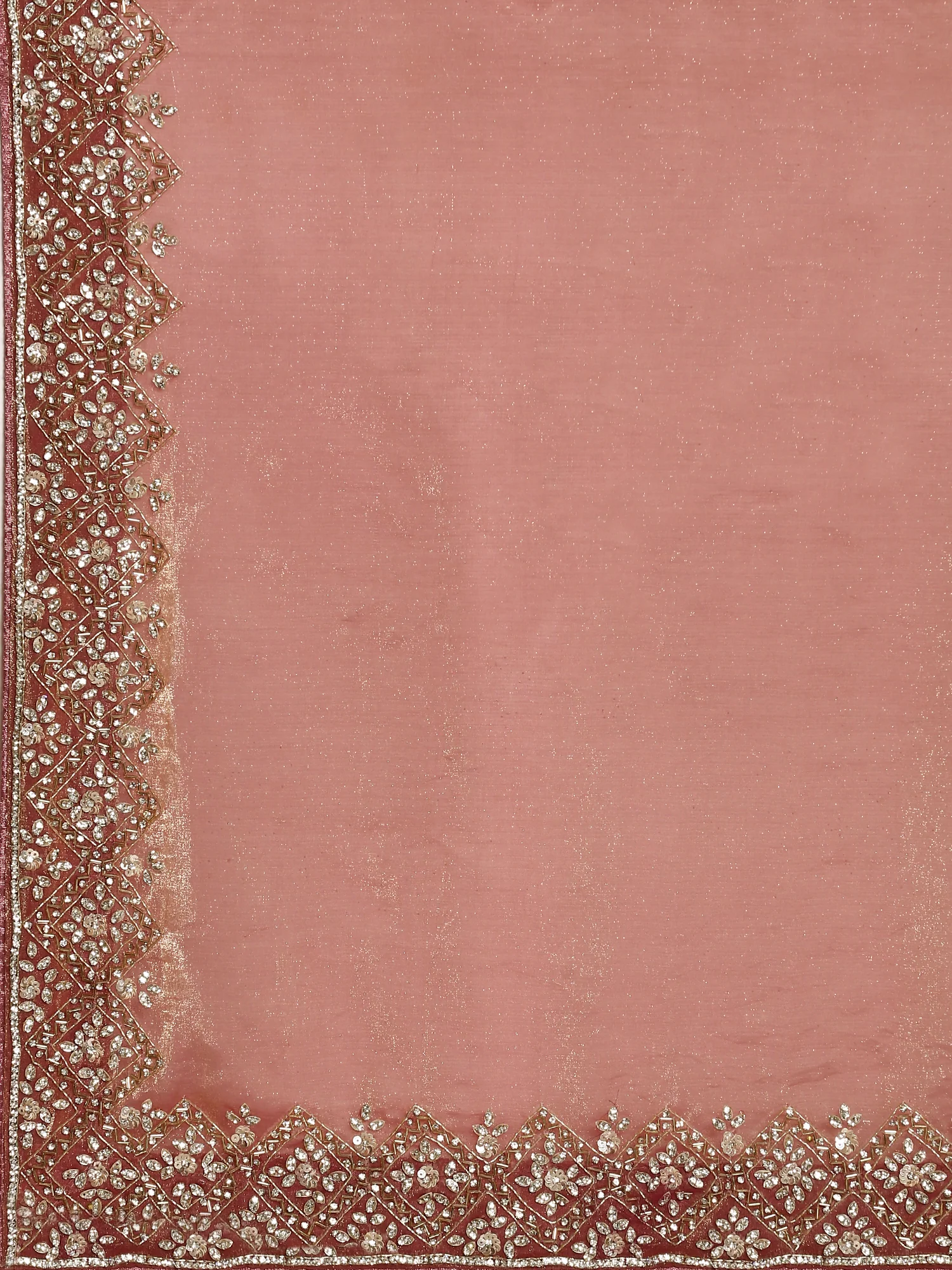 Onion pink tissue saree with Swarovski & cut Dana embroidery & ready made blouse - Image 5