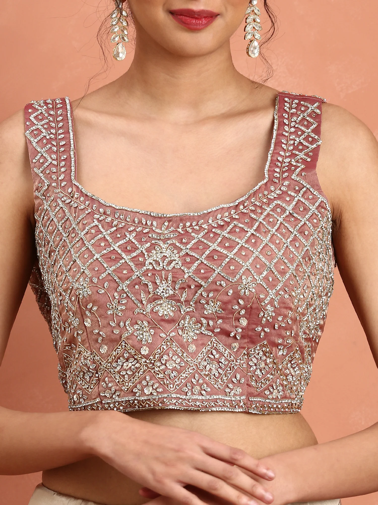 Onion pink tissue saree with Swarovski & cut Dana embroidery & ready made blouse - Image 6