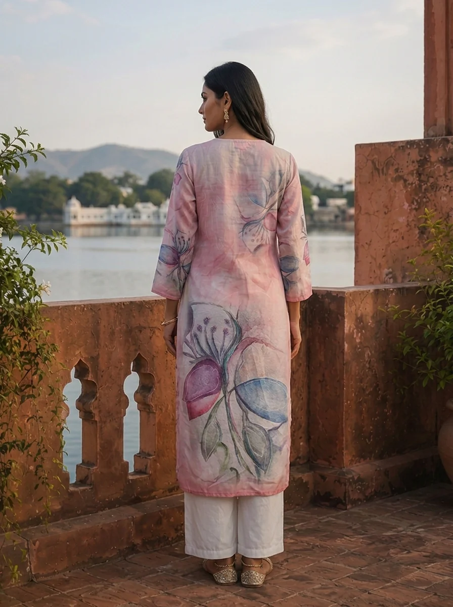 Onion Rayon Orchid Placement Printed Kurta - Image 2