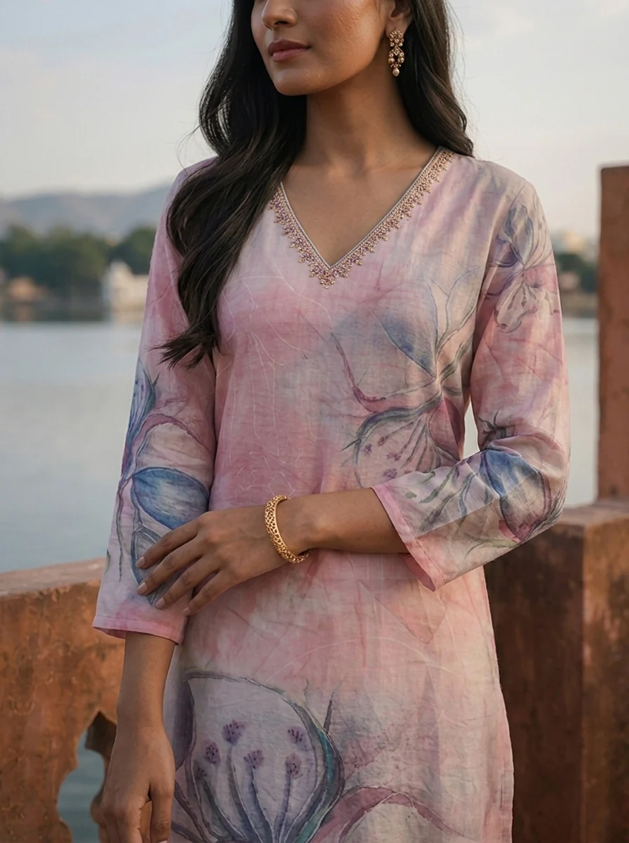 Onion Rayon Orchid Placement Printed Kurta - Image 4