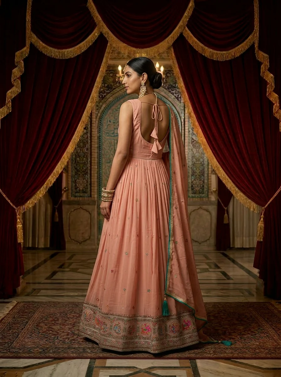 Onion Silk Floral Embroidery Anarkali With Dupatta - Image 2