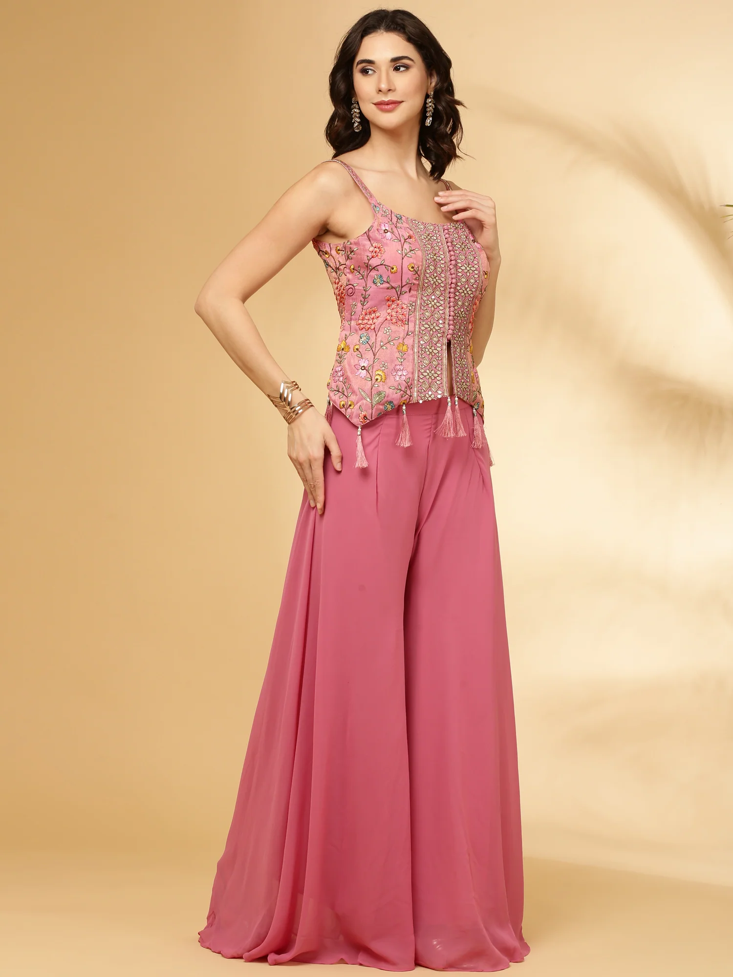 Onion Tissue Embroidery Crop Top Palazzo Set - Image 3