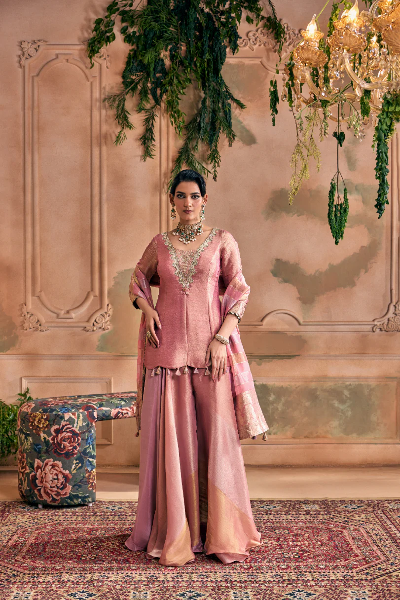 Onion Tissue Zari Embroidered Palazzo Set With Dupatta