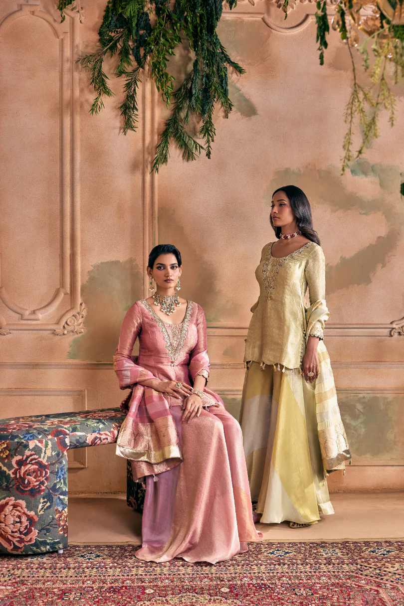 Onion Tissue Zari Embroidered Palazzo Set With Dupatta - Image 11