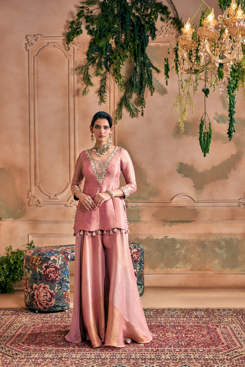 Onion Tissue Zari Embroidered Palazzo Set With Dupatta - Image 2