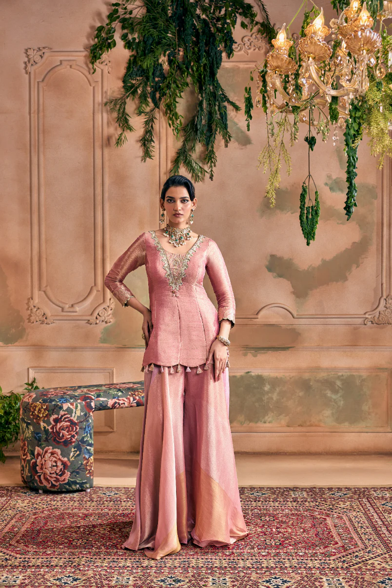 Onion Tissue Zari Embroidered Palazzo Set With Dupatta - Image 4