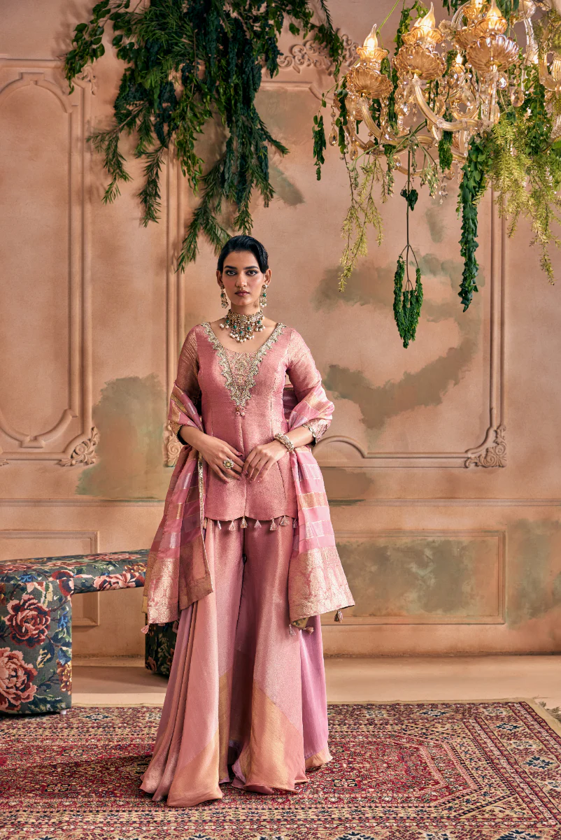 Onion Tissue Zari Embroidered Palazzo Set With Dupatta - Image 5