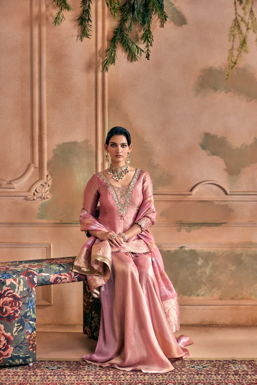 Onion Tissue Zari Embroidered Palazzo Set With Dupatta - Image 7