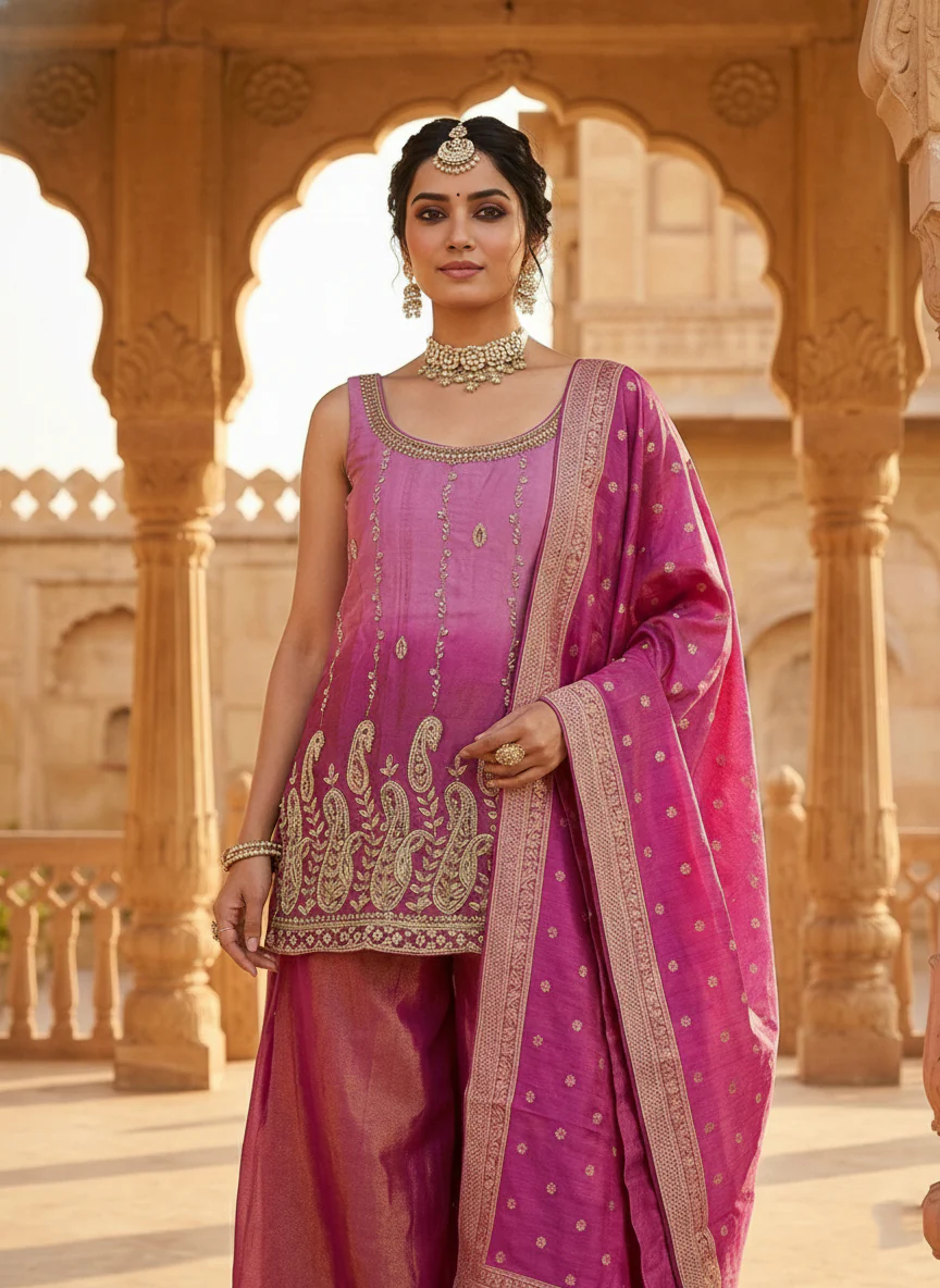 Onion Tissue Zari Embroidery Palazoo Set - Image 2