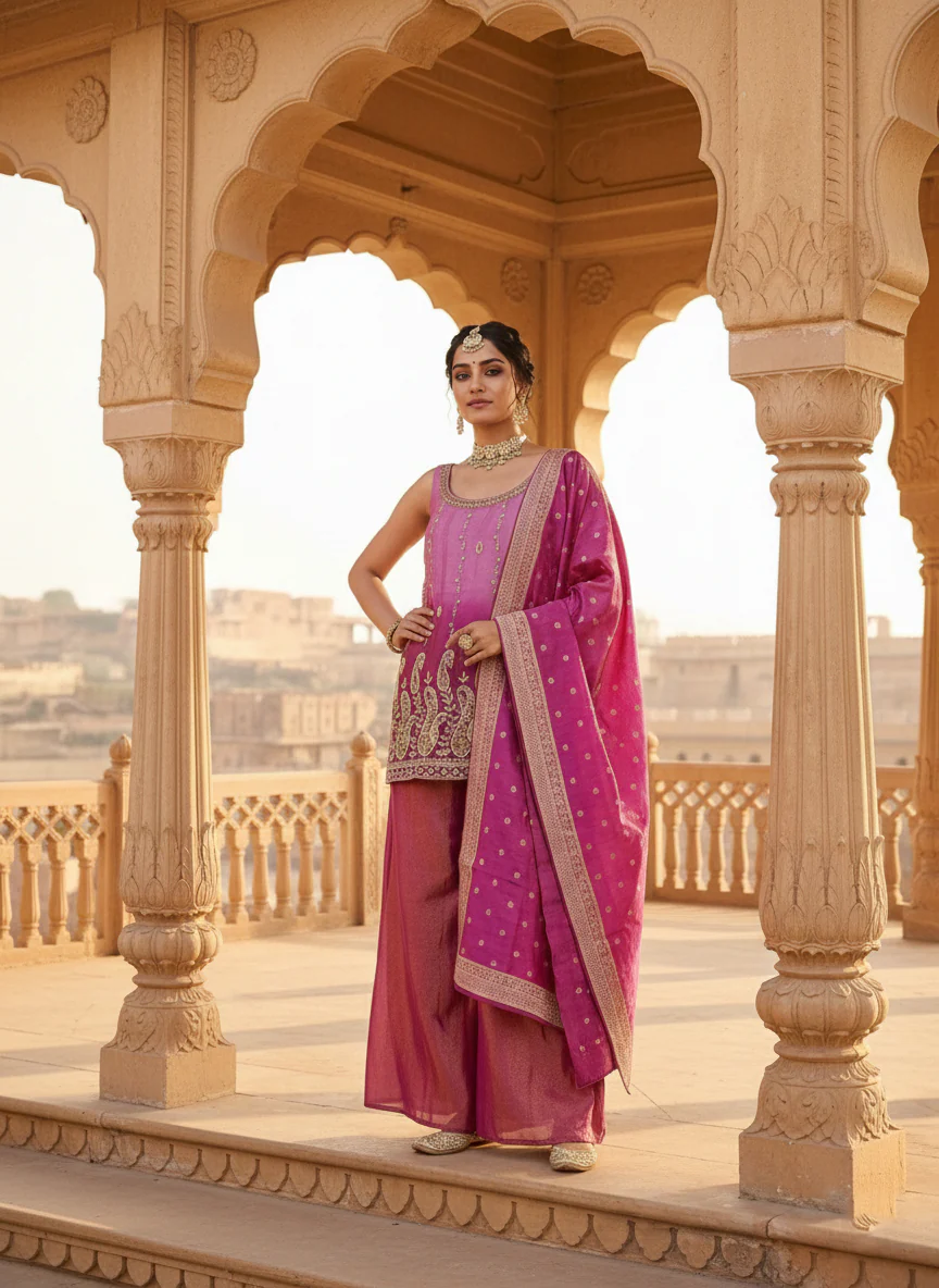 Onion Tissue Zari Embroidery Palazoo Set - Image 3