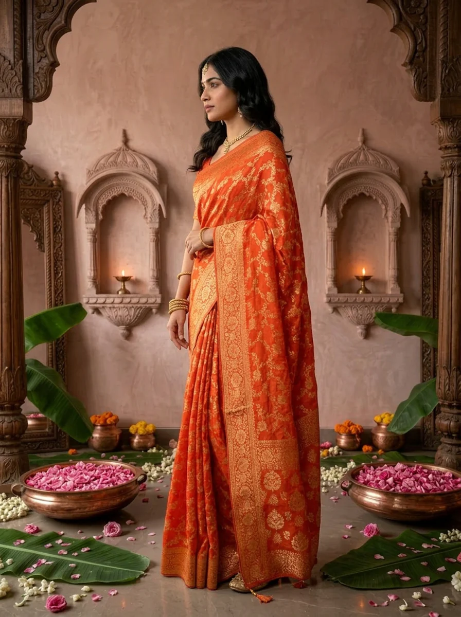 Orange Banaras Floral Design Weaved Saree - Image 2