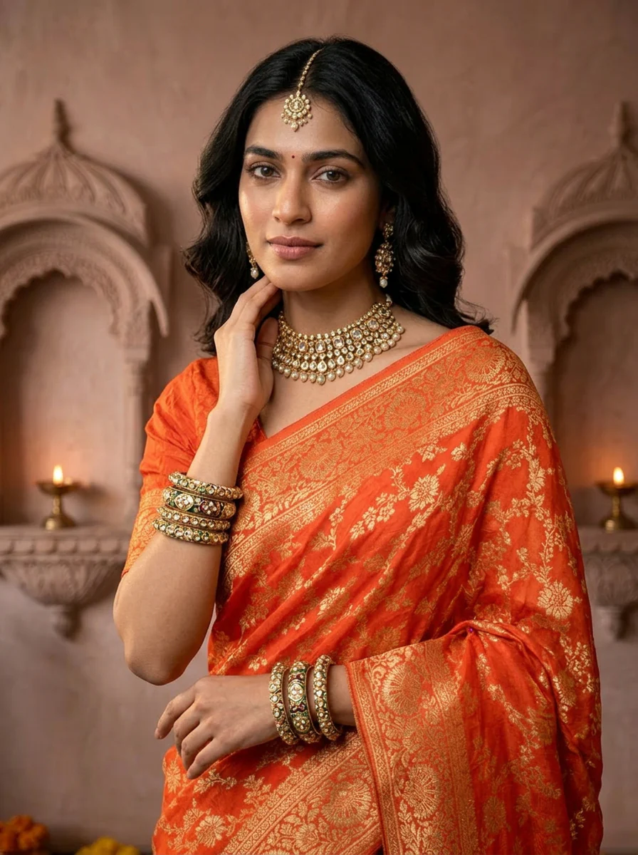Orange Banaras Floral Design Weaved Saree - Image 4