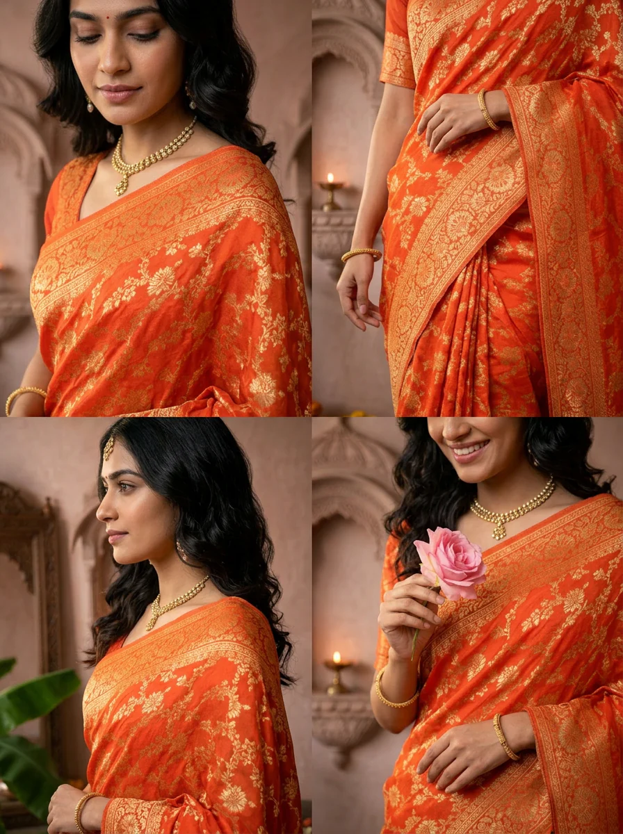Orange Banaras Floral Design Weaved Saree - Image 5