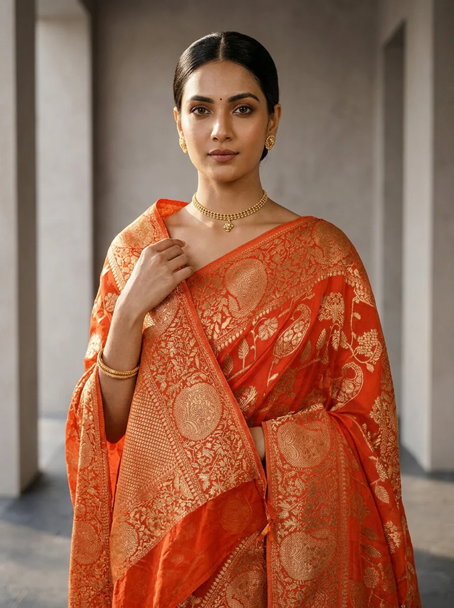 Orange Banaras Paisley Design Weaved Saree - Image 3