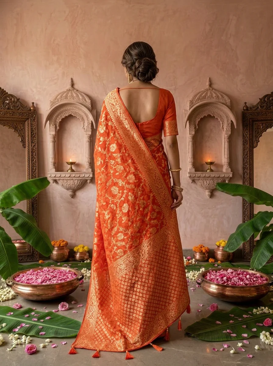 Orange Banaras Weaved Floral Design Saree - Image 2