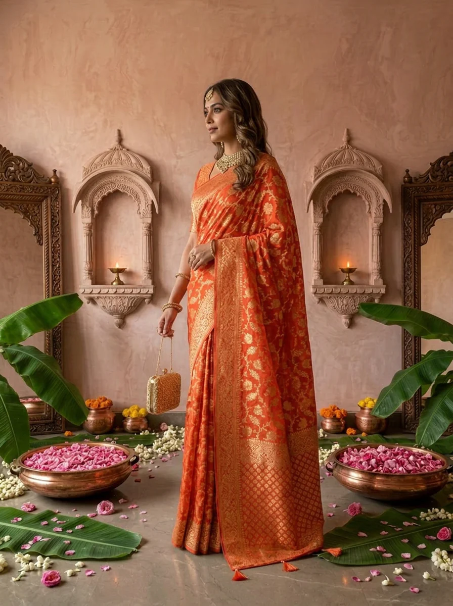 Orange Banaras Weaved Floral Design Saree - Image 3