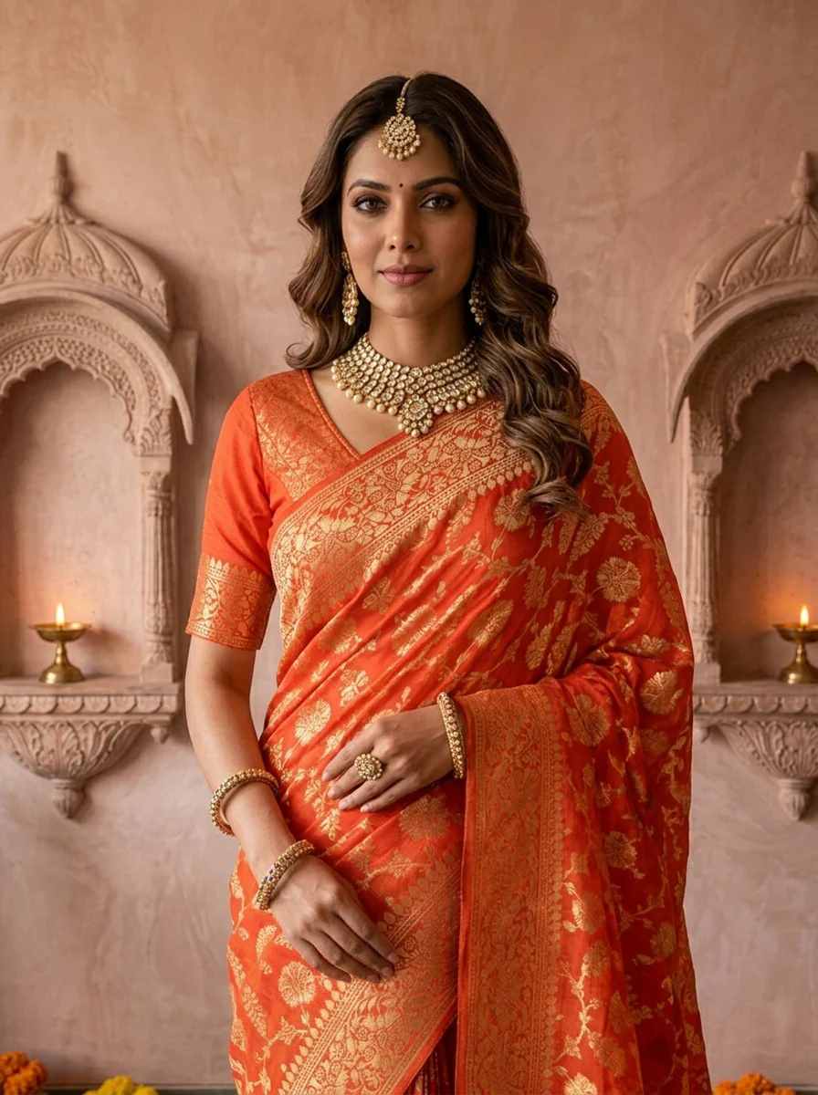 Orange Banaras Weaved Floral Design Saree - Image 4