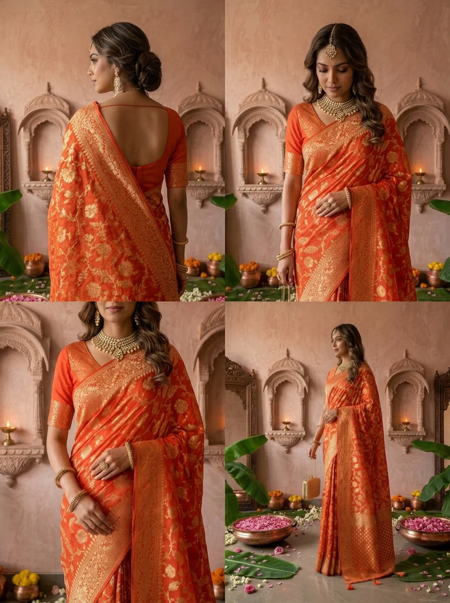 Orange Banaras Weaved Floral Design Saree - Image 5