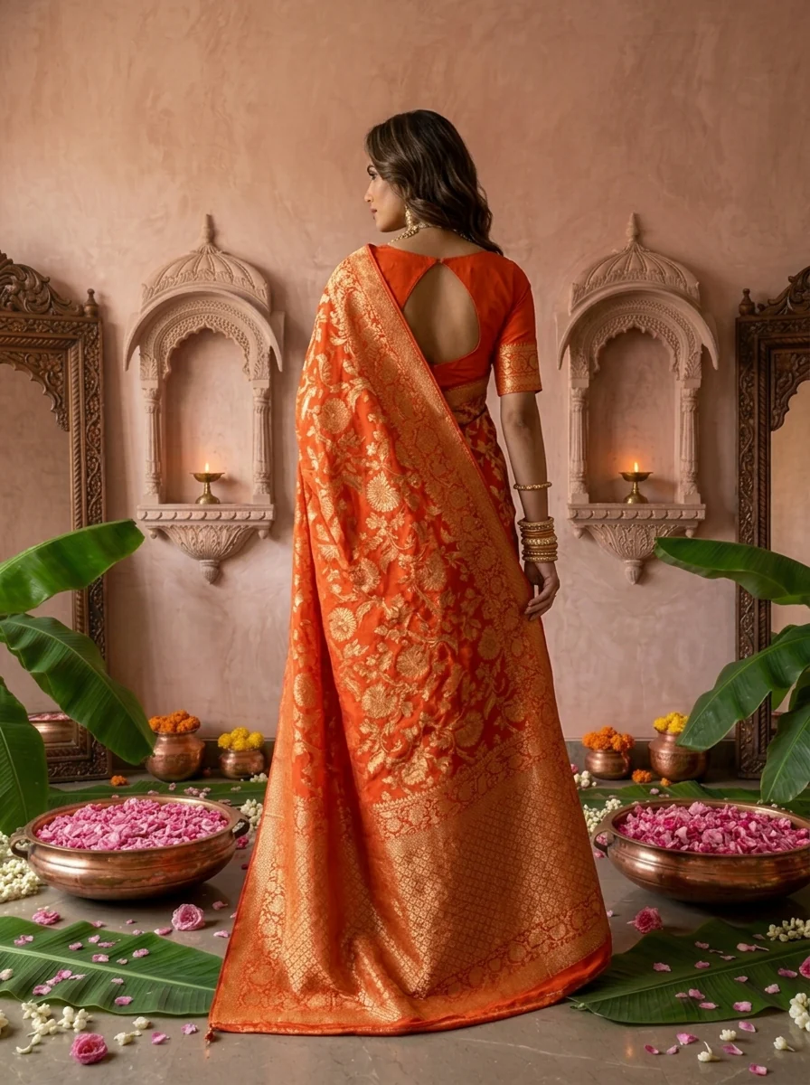 Orange Banaras Weaved Saree With Floral Design - Image 2
