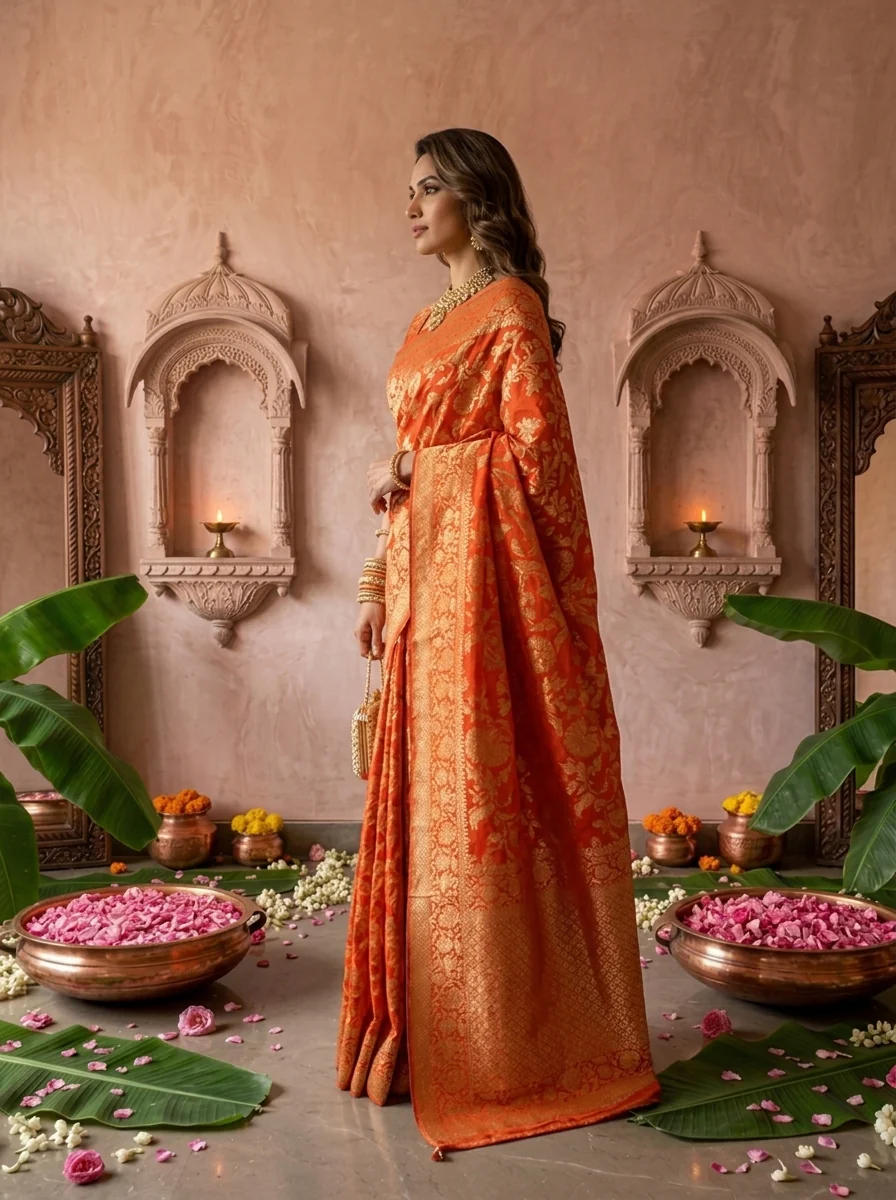 Orange Banaras Weaved Saree With Floral Design - Image 3