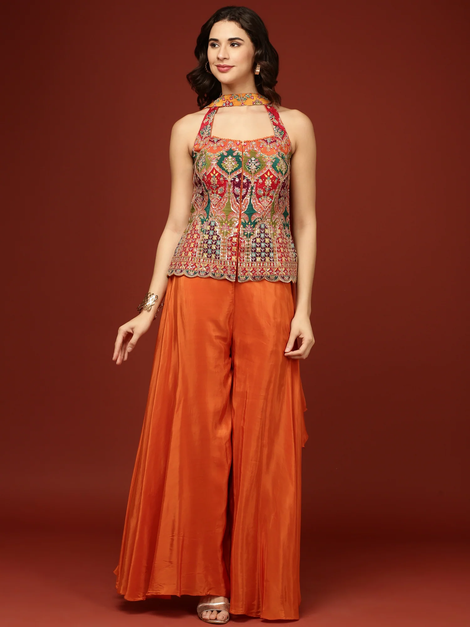 Orange Chinnon Crop Top Palazzo Set