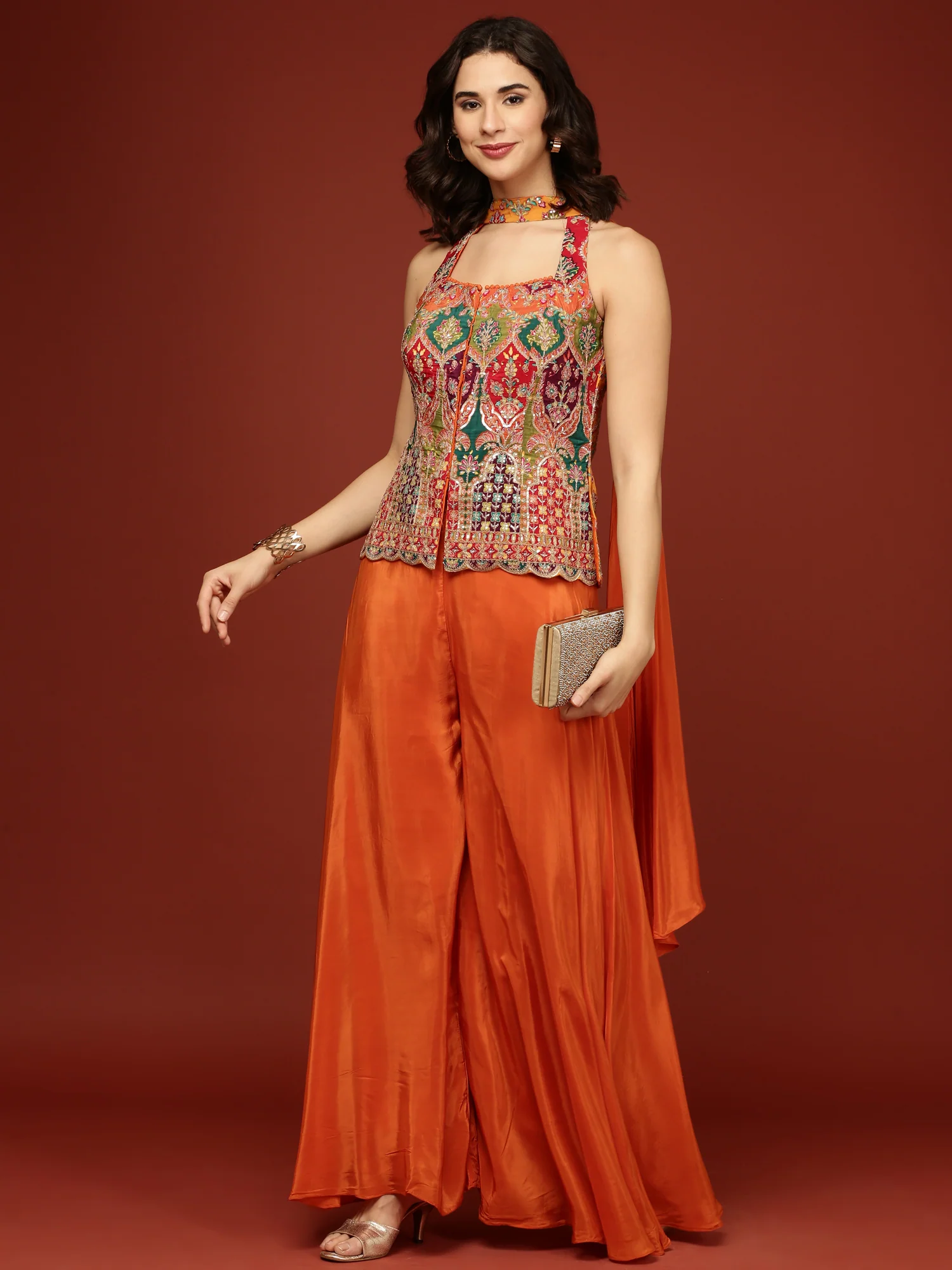 Orange Chinnon Crop Top Palazzo Set - Image 6