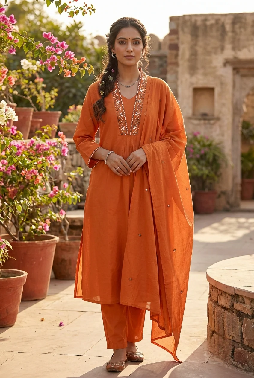 Orange Cotton Hand Embroidery Three Piece Set