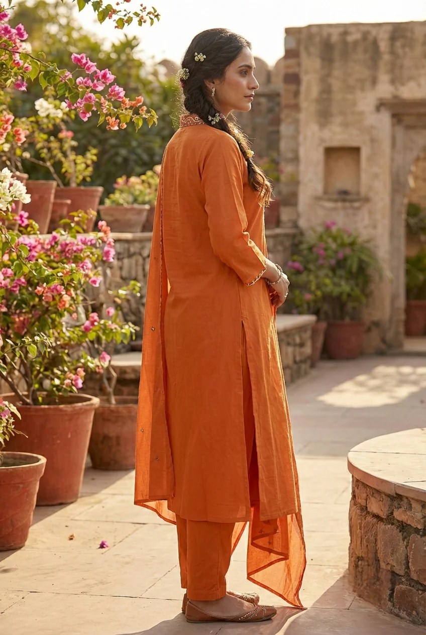 Orange Cotton Hand Embroidery Three Piece Set - Image 2