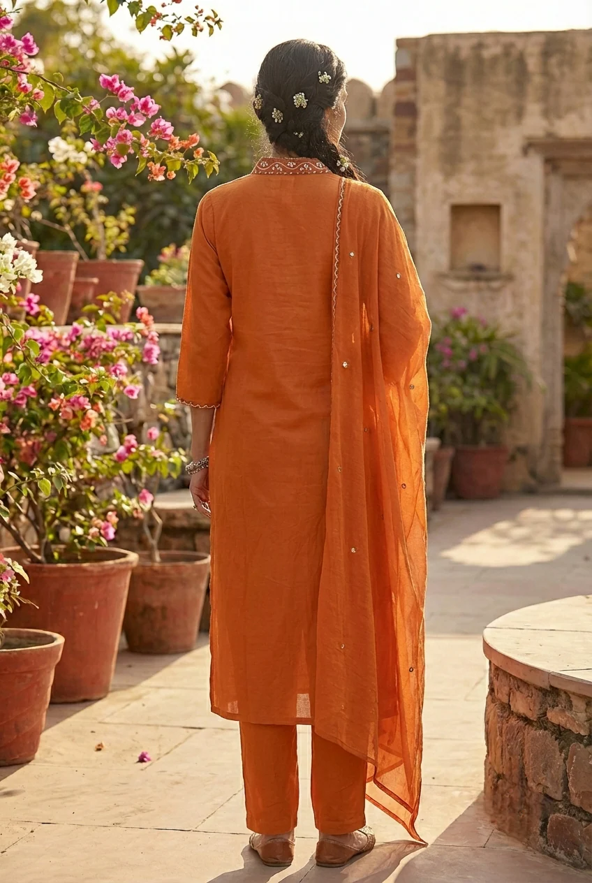 Orange Cotton Hand Embroidery Three Piece Set - Image 3
