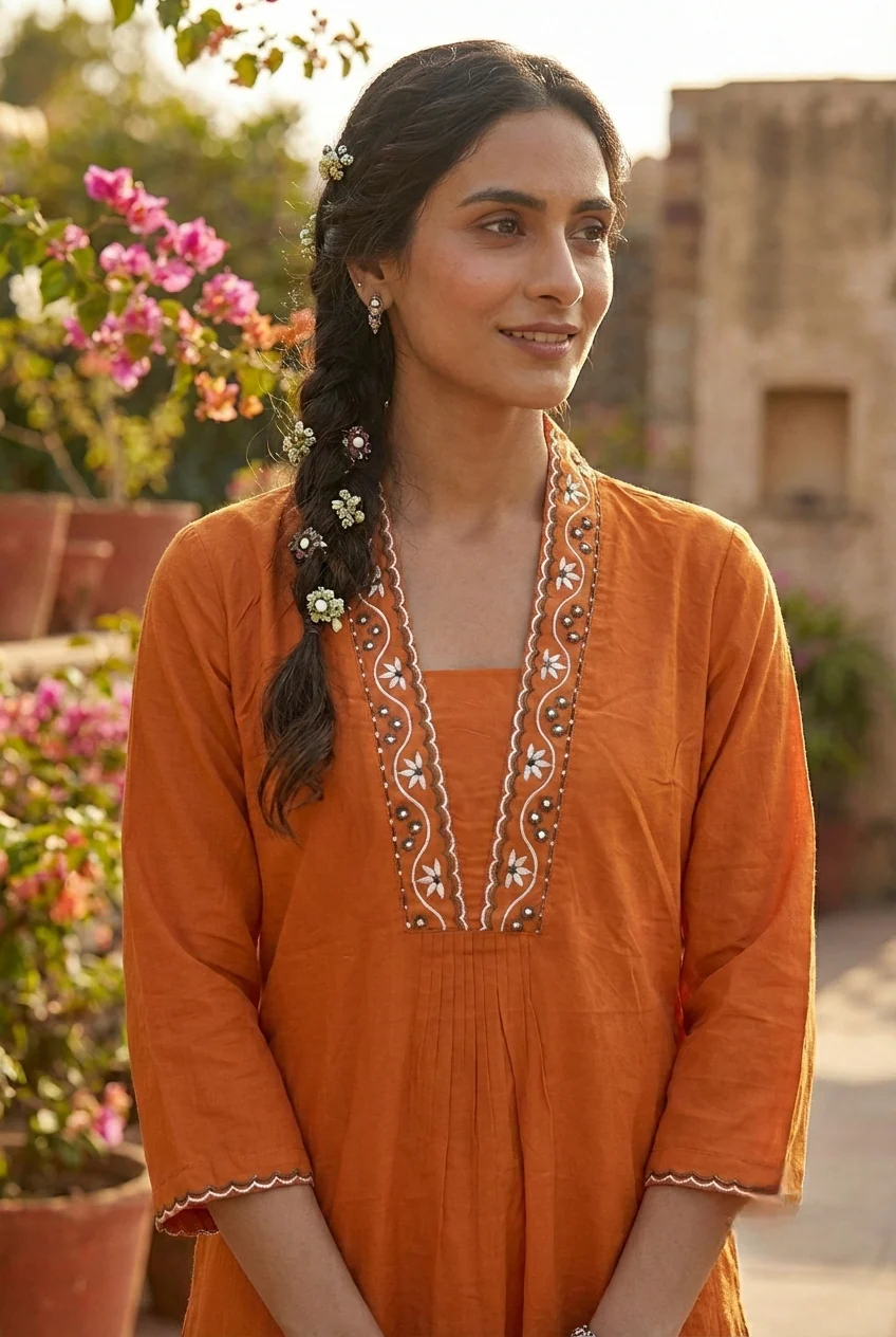 Orange Cotton Hand Embroidery Three Piece Set - Image 4